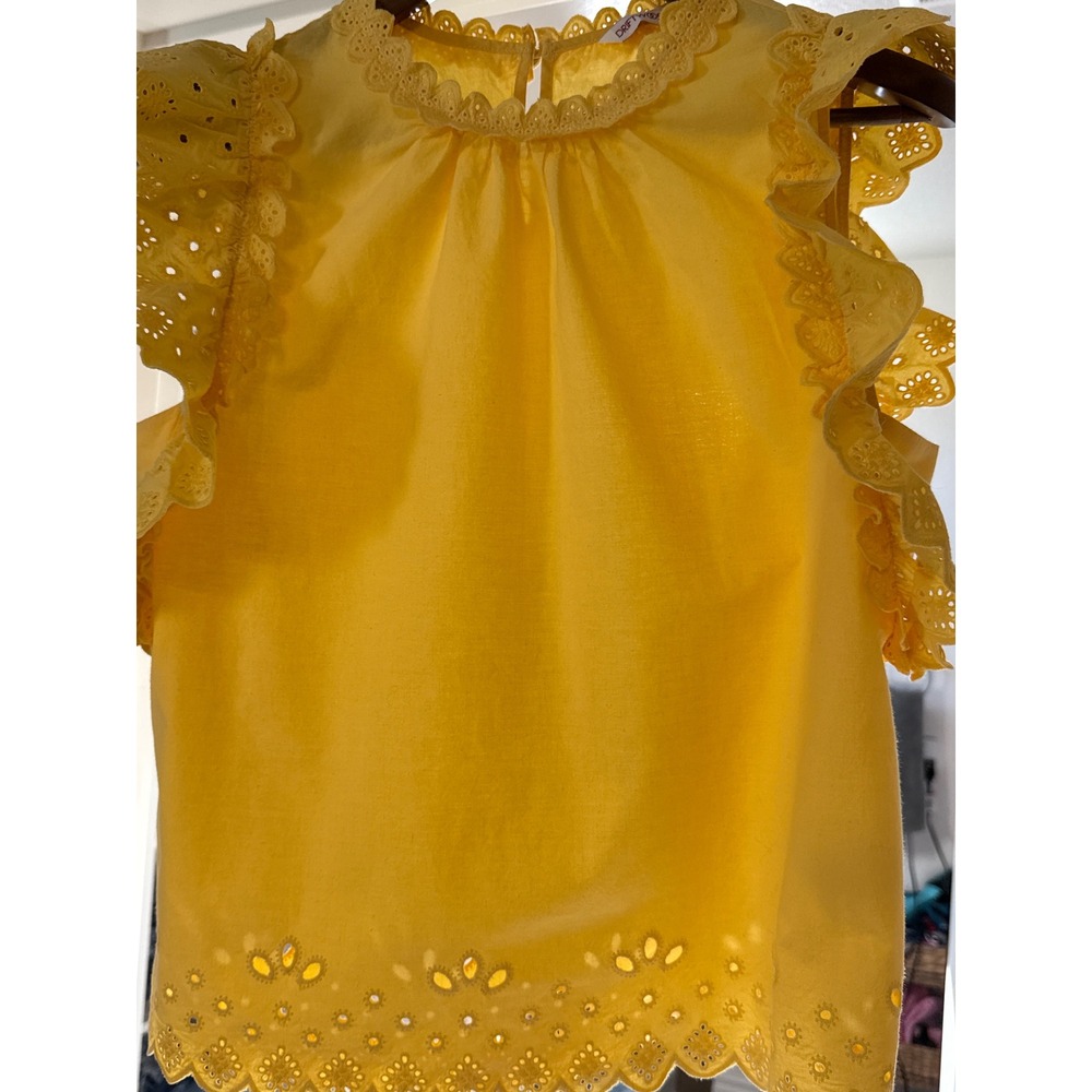 Driftwood Womens XL Yellow Eyelet Cotton Ruffle‎ Sleeve Scallop Hem Top Blouse - Picture 2 of 7